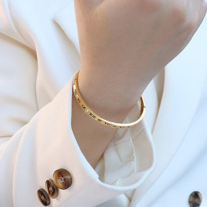 Elegant Roman Numeral Diamond-Accented Slim Cuff Bracelet, Luxe Titanium Steel, Fade-Resistant