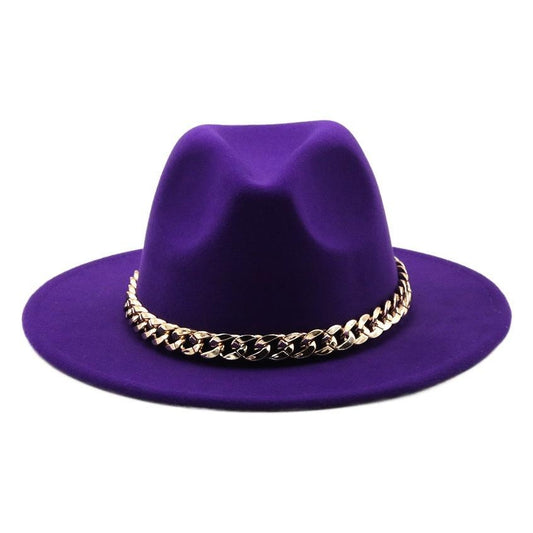 British Style Wool Felt Fedora Hat with Chain, Wide Brim Fashion Jazz Hat for Men and Women
