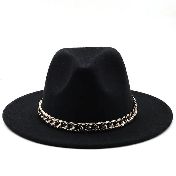 체인이 달린 영국 스타일 울 펠트 페도라 모자, 남녀 공용 넓은 챙 패션 재즈 모자