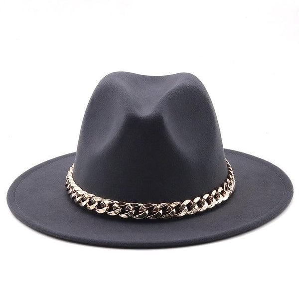 체인이 달린 영국 스타일 울 펠트 페도라 모자, 남녀 공용 넓은 챙 패션 재즈 모자