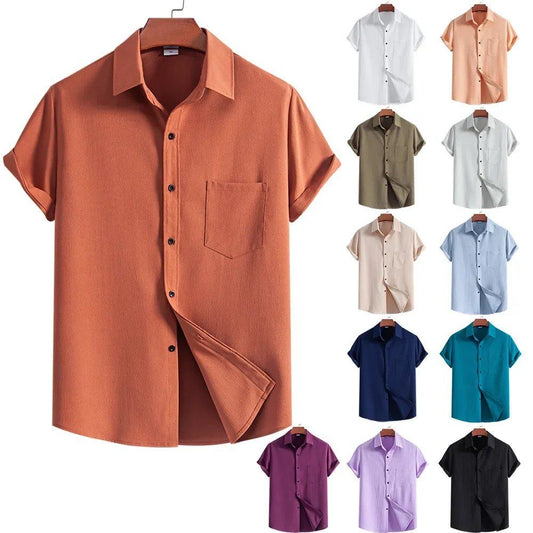 Men’s Casual Printed Short Sleeve Shirt, Solid Color Lapel Button-Down, Stylish Summer Top
