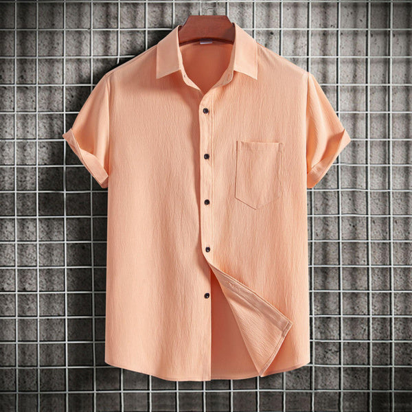Men’s Casual Printed Short Sleeve Shirt, Solid Color Lapel Button-Down, Stylish Summer Top