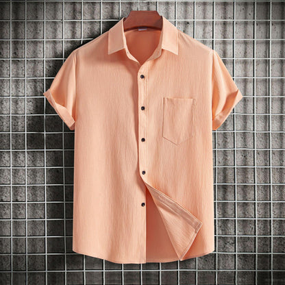 Men’s Casual Printed Short Sleeve Shirt, Solid Color Lapel Button-Down, Stylish Summer Top