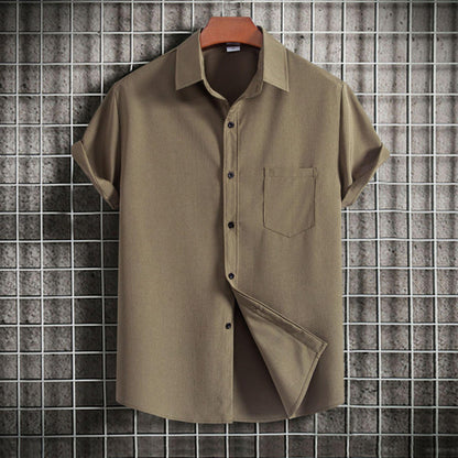 Men’s Casual Printed Short Sleeve Shirt, Solid Color Lapel Button-Down, Stylish Summer Top