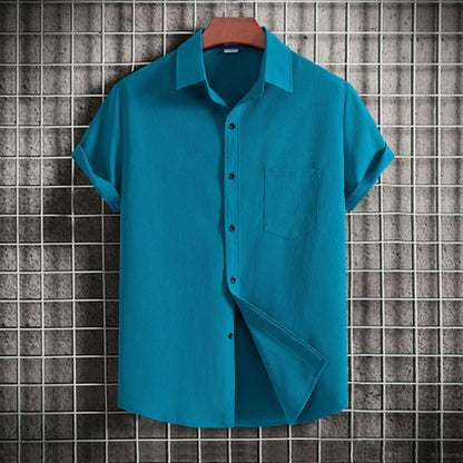 Men’s Casual Printed Short Sleeve Shirt, Solid Color Lapel Button-Down, Stylish Summer Top