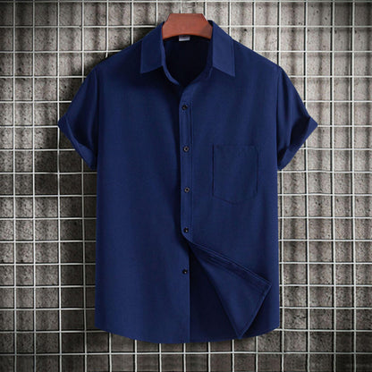 Men’s Casual Printed Short Sleeve Shirt, Solid Color Lapel Button-Down, Stylish Summer Top