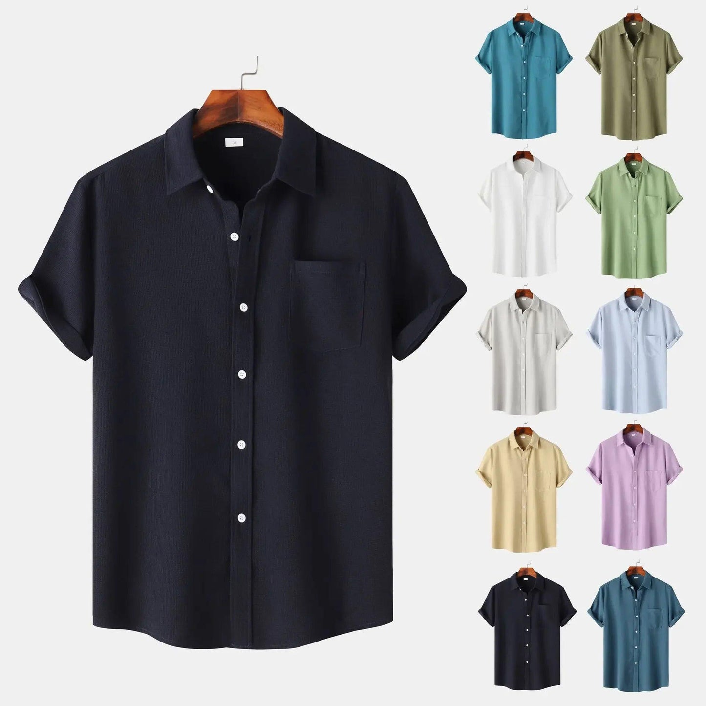 Men’s Casual Short Sleeve Button-Down Shirt, Solid Color Lightweight Summer Cardigan Top