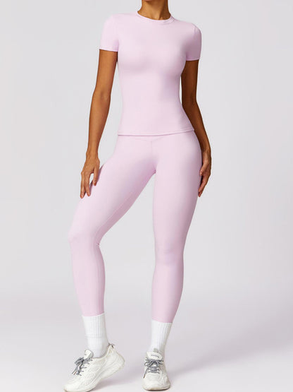 Women's Quick-Dry Yoga & Fitness Set – Slim Fit Short Sleeve Top and High-Waist Leggings, Breathable Activewear for Running & Outdoor Sports