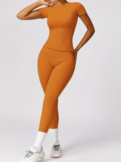 Women's Quick-Dry Yoga & Fitness Set – Slim Fit Short Sleeve Top and High-Waist Leggings, Breathable Activewear for Running & Outdoor Sports