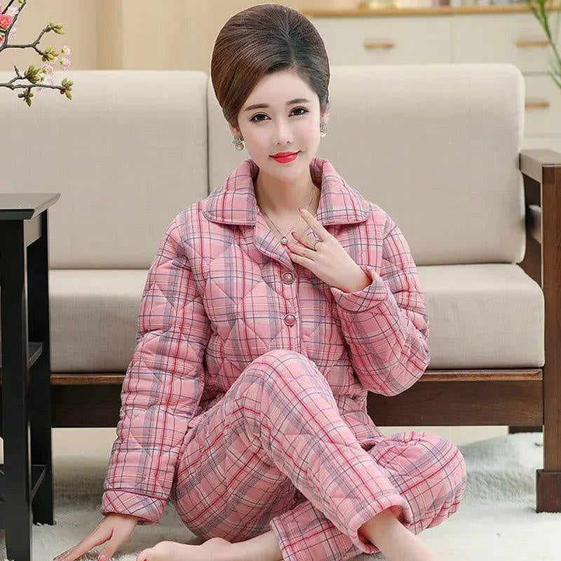 Elderly Women's Thickened Quilted Pajama Set - Warm, Comfortable, and Perfect for Autumn & Winter