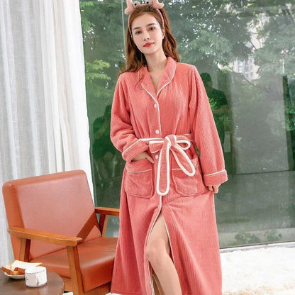 Coral Fleece Women's Long Bathrobe - Thick, Warm & Quick-Dry Flannel Sleepwear for All Seasons