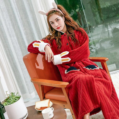 Coral Fleece Women's Long Bathrobe - Thick, Warm & Quick-Dry Flannel Sleepwear for All Seasons