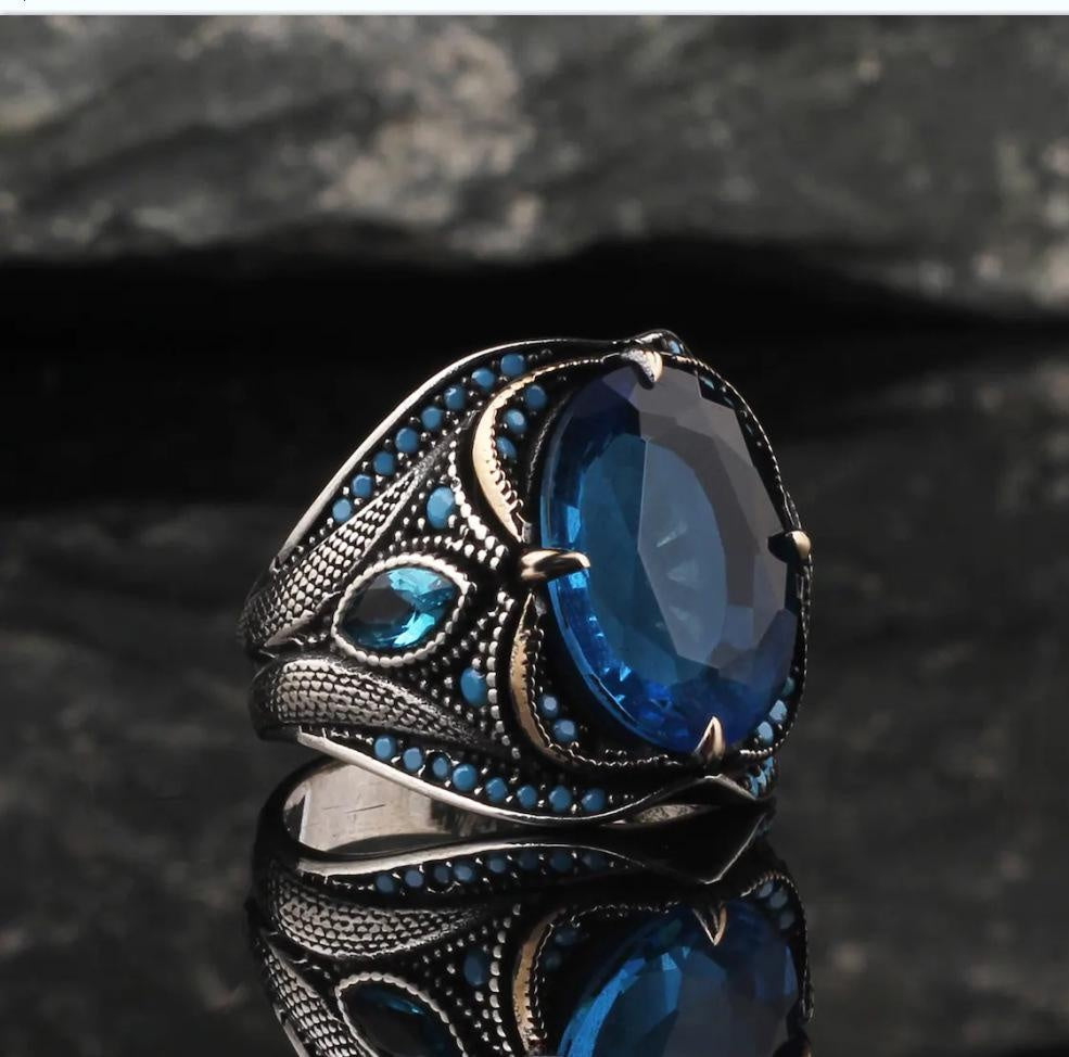 Sapphire Men's Ring - Unique Vintage Punk Style with Diamond Accents