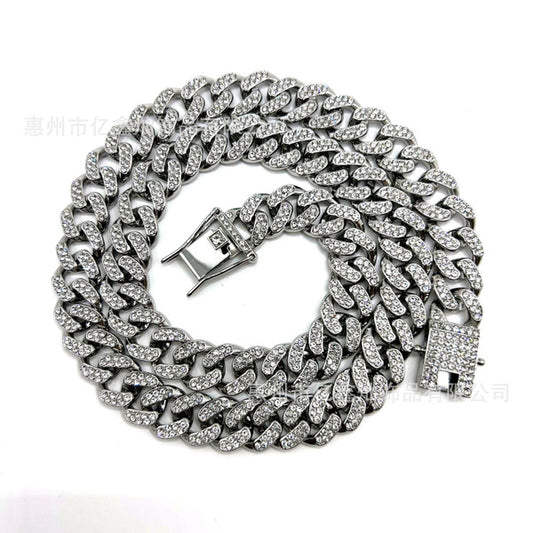 13mm Iced Out Cuban Link Chain Bracelet & Necklace, Hip Hop Gold Plated Jewelry for Men and Women