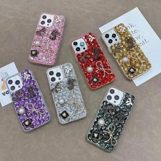 Luxury Rhinestone Bow Full Protection Case for iPhone 15 Pro/14 Pro – Sparkling Diamond Butterfly Design, Shockproof and Stylish