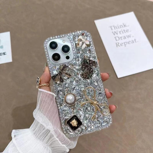 Luxury Rhinestone Bow Full Protection Case for iPhone 15 Pro/14 Pro – Sparkling Diamond Butterfly Design, Shockproof and Stylish