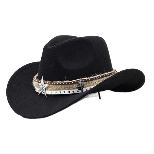 Bohemian Style Fashion Wool Felt Western Cowboy Hat - Unisex Couple's Hat with Rolled Brim and Ethnic Flair