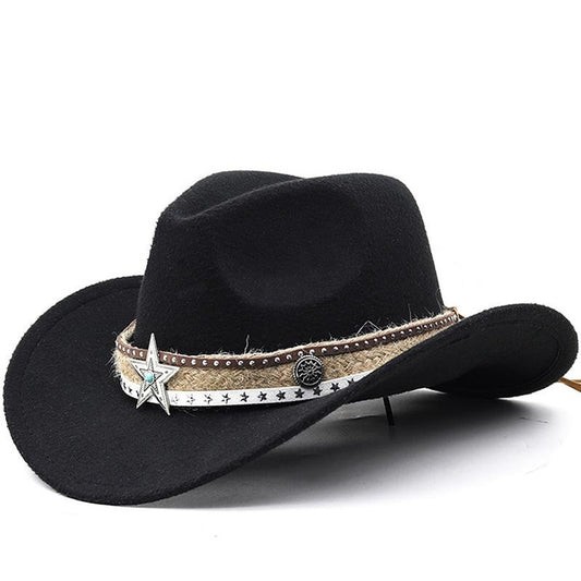 Bohemian Style Fashion Wool Felt Western Cowboy Hat - Unisex Couple's Hat with Rolled Brim and Ethnic Flair