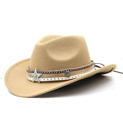 보헤미안 스타일 패션 울 펠트 웨스턴 카우보이 모자 - 롤드 브림과 에스닉한 느낌이 돋보이는 유니섹스 커플 모자
