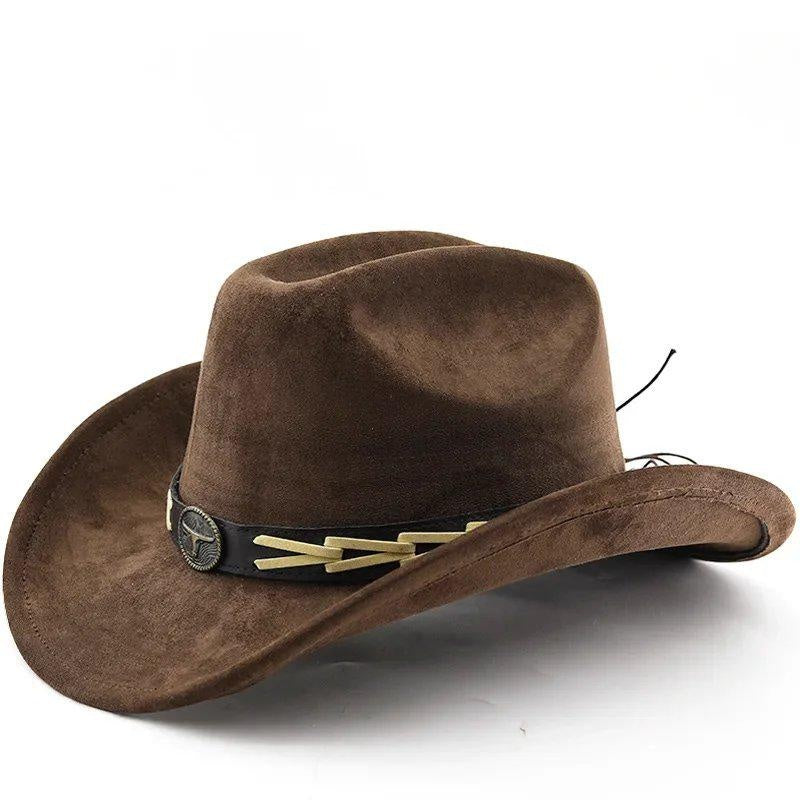Western Cowboy Hat for Men and Women, Suede Felt Fedora with Bullhead Belt, Wide Brim, Outdoor Ethnic Style