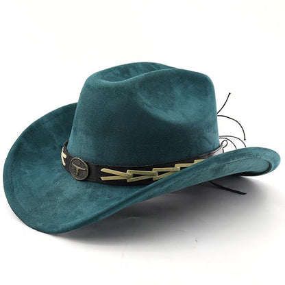 Western Cowboy Hat for Men and Women, Suede Felt Fedora with Bullhead Belt, Wide Brim, Outdoor Ethnic Style