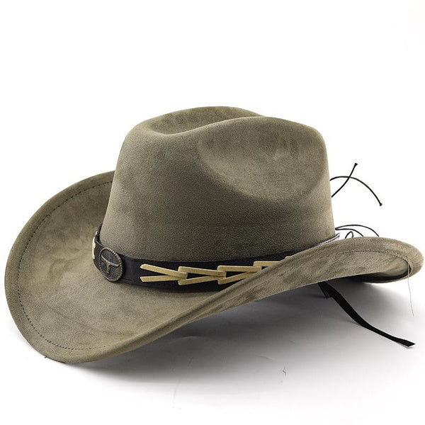Western Cowboy Hat for Men and Women, Suede Felt Fedora with Bullhead Belt, Wide Brim, Outdoor Ethnic Style