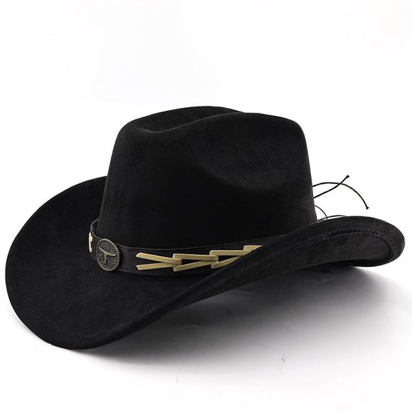 Western Cowboy Hat for Men and Women, Suede Felt Fedora with Bullhead Belt, Wide Brim, Outdoor Ethnic Style