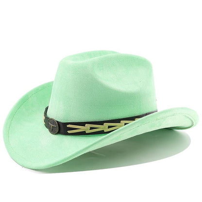 Western Cowboy Hat for Men and Women, Suede Felt Fedora with Bullhead Belt, Wide Brim, Outdoor Ethnic Style