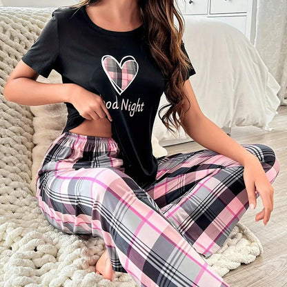 Women’s Heart Plaid Short Sleeve Pajama Set – Cozy Lounge Two-Piece with Long Pants