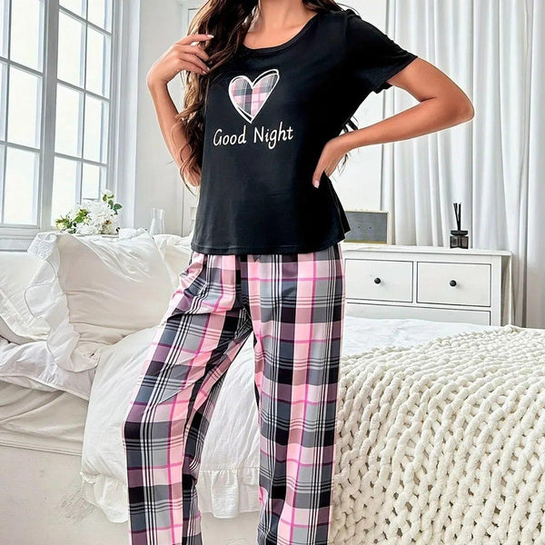 Women’s Heart Plaid Short Sleeve Pajama Set – Cozy Lounge Two-Piece with Long Pants