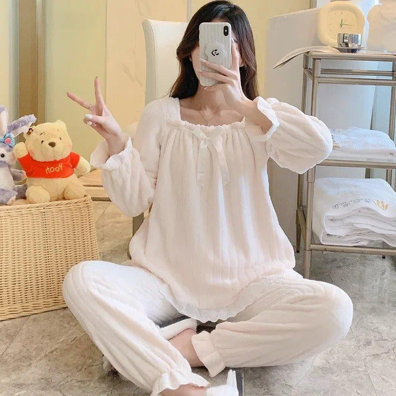 Women's Flannel Pajama Set, Thick Coral Fleece, Warm Princess Style Loungewear, Soft and Cozy Winter Sleepwear