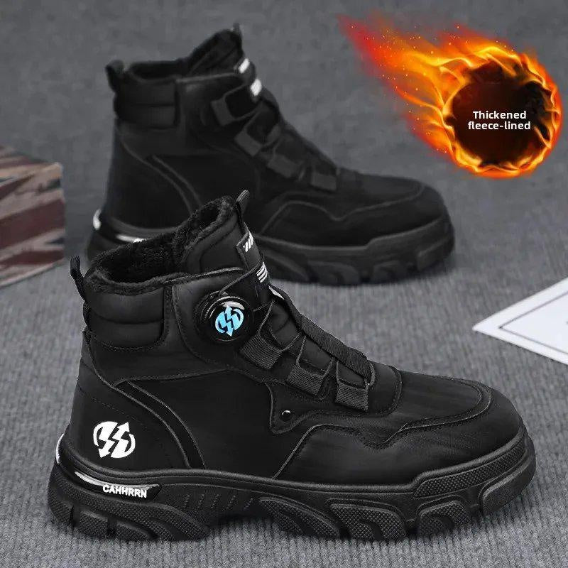 Men’s High-Top Waterproof Leather Boots, Warm Outdoor Martin Boots with Rotating Buckle, Durable Yellow Work Boots