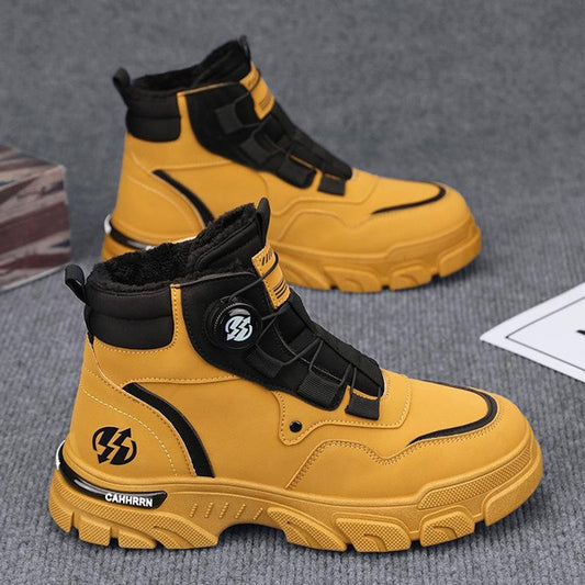 Men’s High-Top Waterproof Leather Boots, Warm Outdoor Martin Boots with Rotating Buckle, Durable Yellow Work Boots