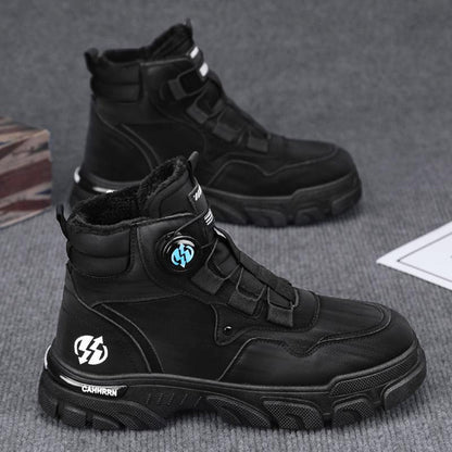 Men’s High-Top Waterproof Leather Boots, Warm Outdoor Martin Boots with Rotating Buckle, Durable Yellow Work Boots