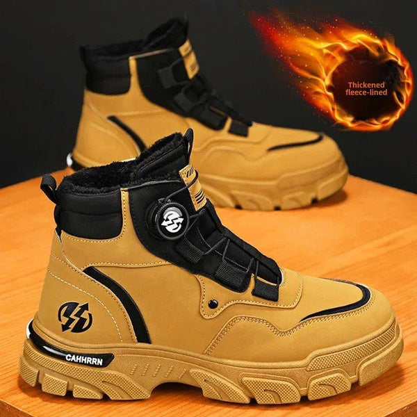 Men’s High-Top Waterproof Leather Boots, Warm Outdoor Martin Boots with Rotating Buckle, Durable Yellow Work Boots