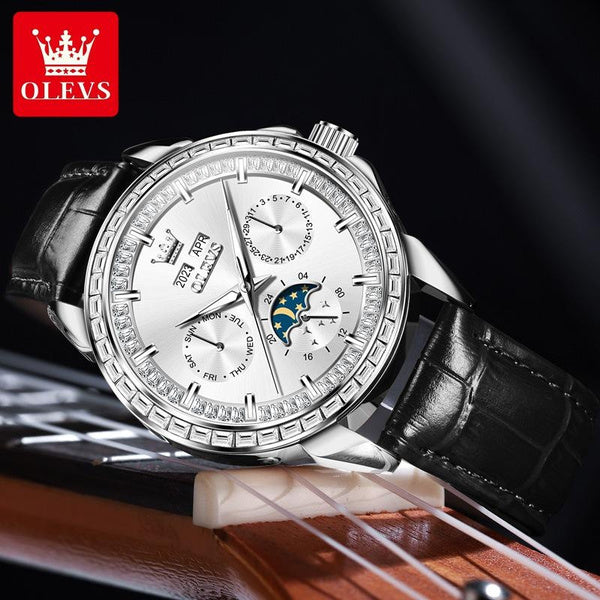 문페이즈, 야광, 방수 및 다기능 기능을 갖춘 OLEVS 남성용 자동 기계식 시계