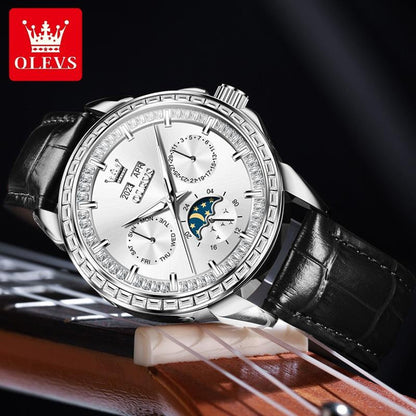 문페이즈, 야광, 방수 및 다기능 기능을 갖춘 OLEVS 남성용 자동 기계식 시계