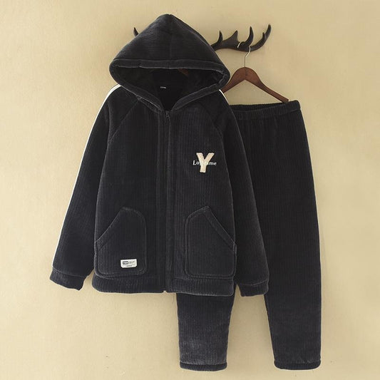 Men's Fleece Hooded Pajamas Set Winter Warm Plush Lined Sleepwear Home Loungewear