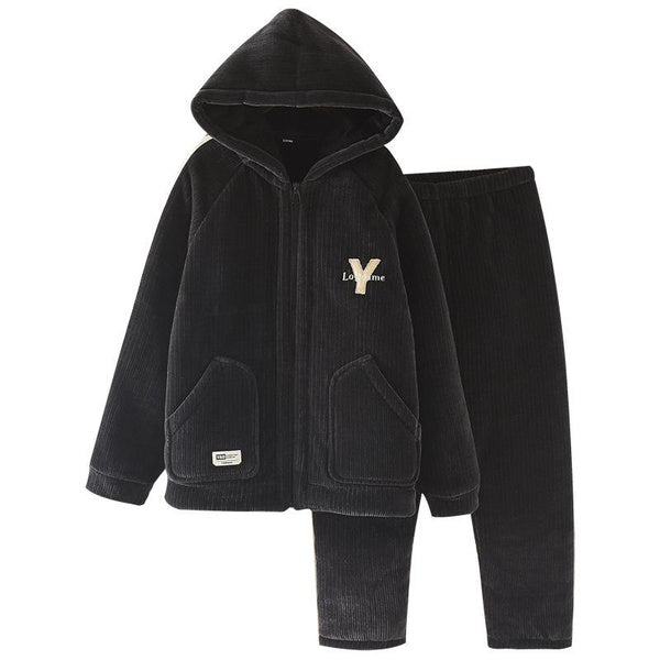 Men's Fleece Hooded Pajamas Set Winter Warm Plush Lined Sleepwear Home Loungewear