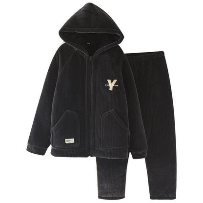 Men's Fleece Hooded Pajamas Set Winter Warm Plush Lined Sleepwear Home Loungewear