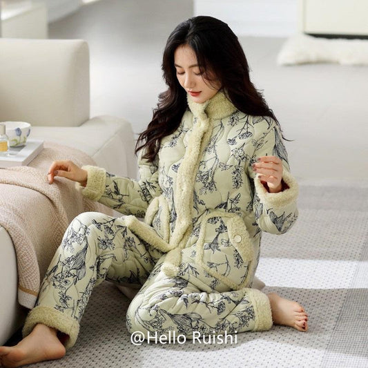 Women's Thermal Pajama Set 3-Layer Cotton Warm Winter Loungewear Sleepwear Home Outfit