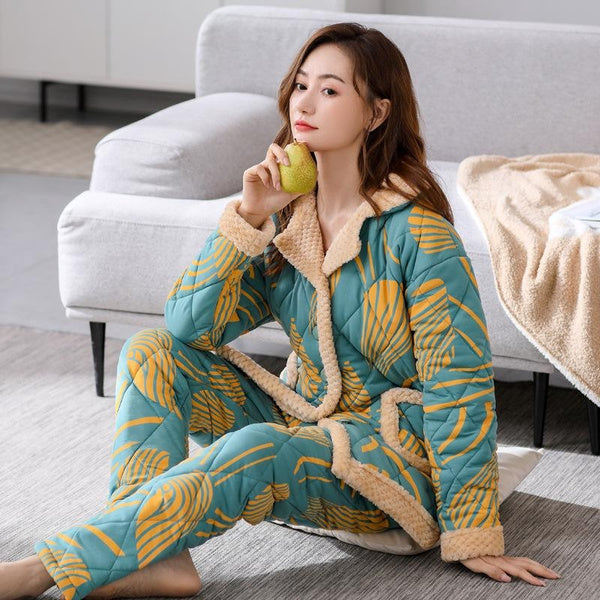 Women's Thermal Pajama Set 3-Layer Cotton Warm Winter Loungewear Sleepwear Home Outfit