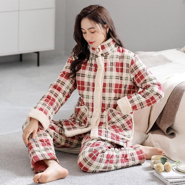 Women's Thermal Pajama Set 3-Layer Cotton Warm Winter Loungewear Sleepwear Home Outfit