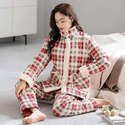 Women's Thermal Pajama Set 3-Layer Cotton Warm Winter Loungewear Sleepwear Home Outfit