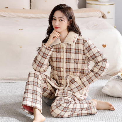 Women's Thermal Pajama Set 3-Layer Cotton Warm Winter Loungewear Sleepwear Home Outfit