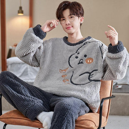 Men's Winter Flannel Pajama Set, Fleece-Lined Thermal Sleepwear with Cartoon Print, Cozy Home Loungewear for Teens