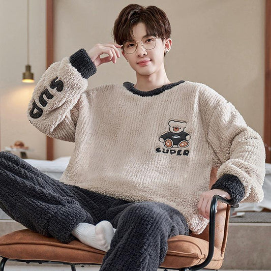 Men's Winter Flannel Pajama Set, Fleece-Lined Thermal Sleepwear with Cartoon Print, Cozy Home Loungewear for Teens