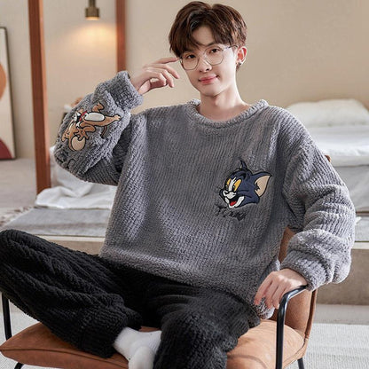Men's Winter Flannel Pajama Set, Fleece-Lined Thermal Sleepwear with Cartoon Print, Cozy Home Loungewear for Teens