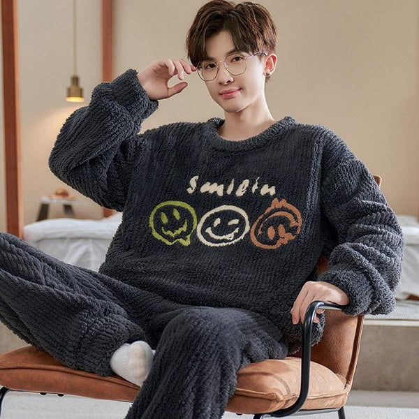 Men's Winter Flannel Pajama Set, Fleece-Lined Thermal Sleepwear with Cartoon Print, Cozy Home Loungewear for Teens