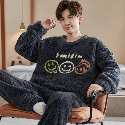 Men's Winter Flannel Pajama Set, Fleece-Lined Thermal Sleepwear with Cartoon Print, Cozy Home Loungewear for Teens